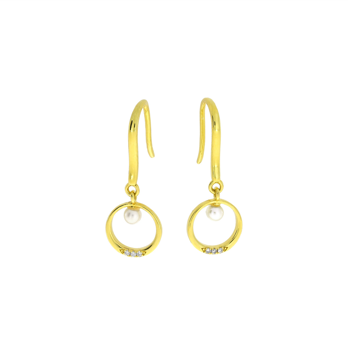 Elegant gold vermeil drop earrings featuring open circular charms accented with freshwater pearls and small lab-grown diamonds, embodying refined contemporary design.