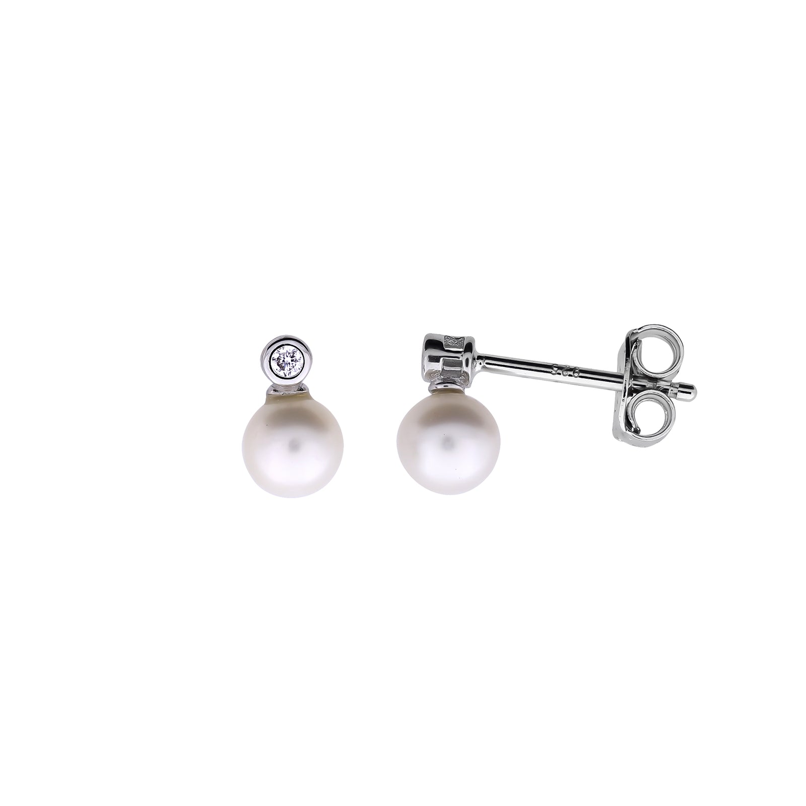 Sterling Silver, Freshwater Pearl & 0.03 Carat Lab Grown Diamond Stud Earrings