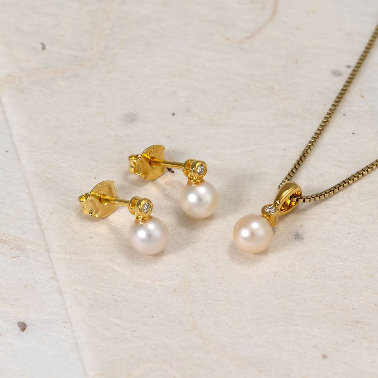 Gold Vermeil, Freshwater Pearl & 0.03 Carat Lab Grown Diamond Stud Earrings