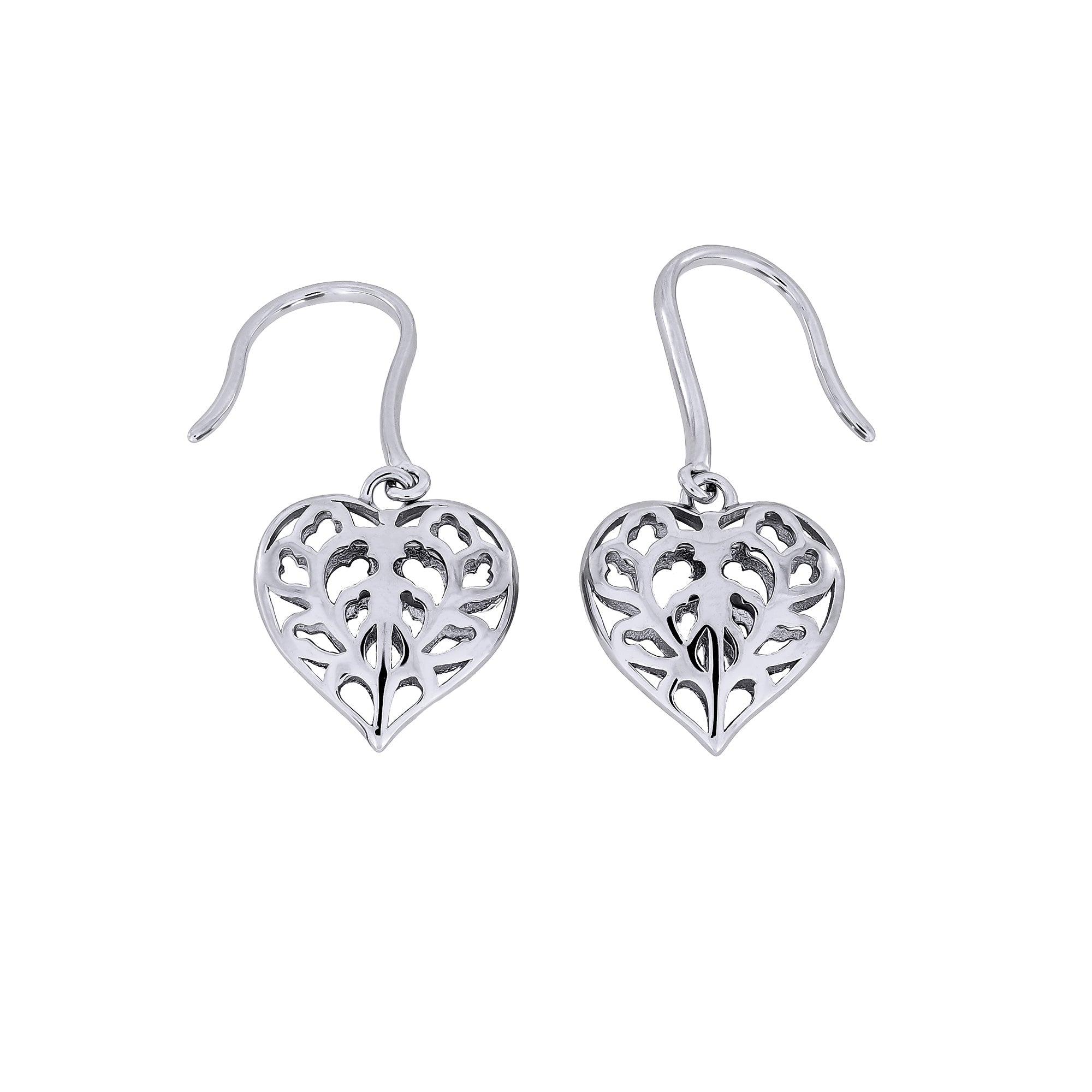 Pair of sterling silver drop earrings featuring delicate, sculptural hanging hearts with intricate cut-out detailing, designed for elegant everyday wear.