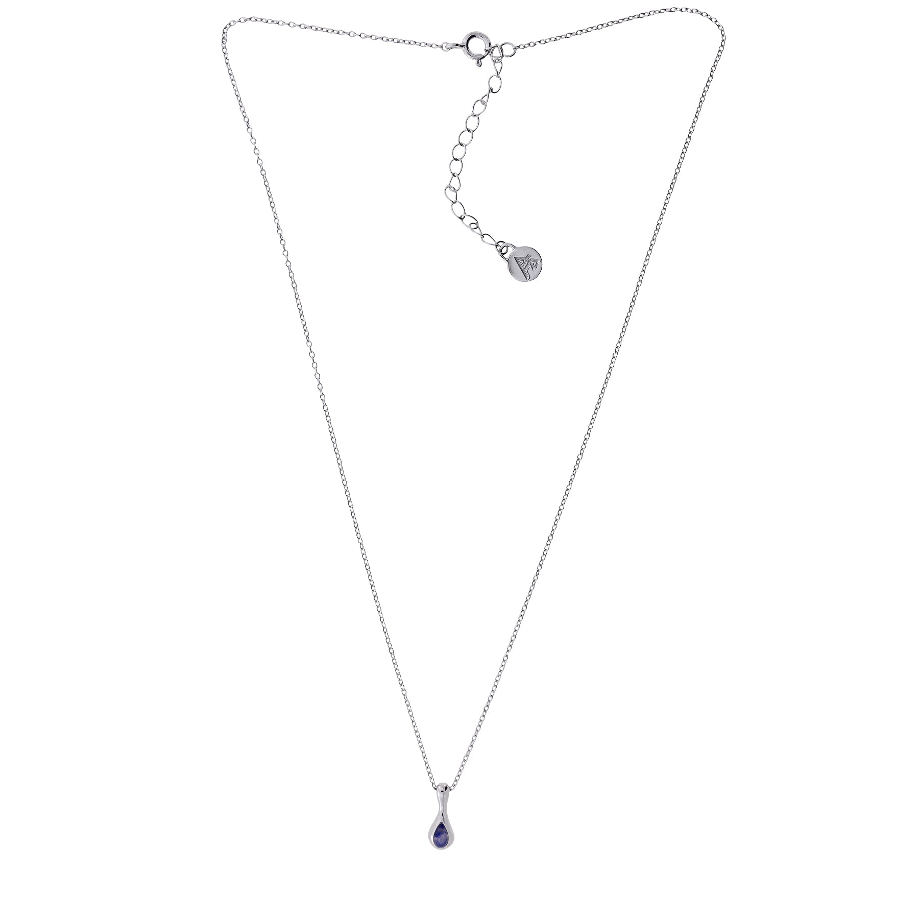 Delicate sterling silver necklace featuring a slender chain and a smooth blue aventurine droplet pendant, designed for a refined and contemporary look.