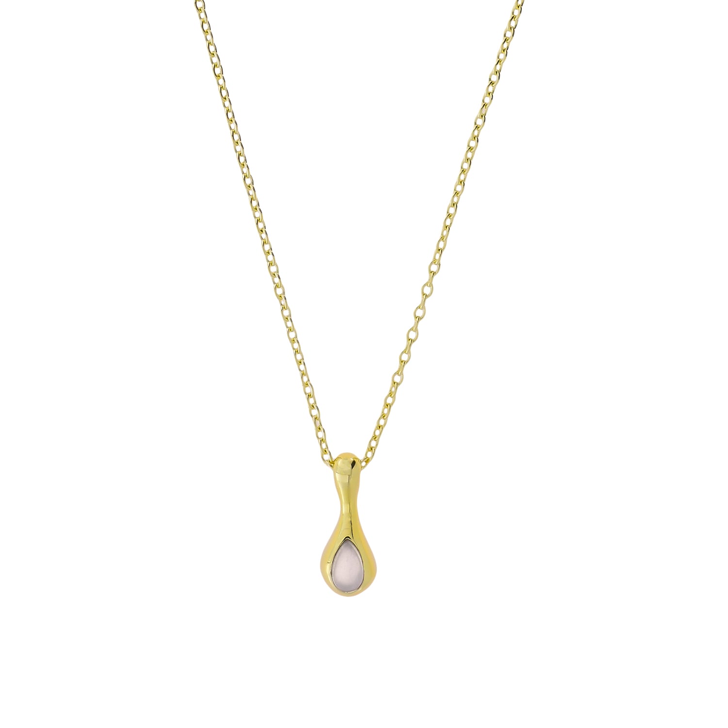 Delicate gold vermeil necklace featuring a sculptural droplet pendant set with a luminous moonstone, suspended from an adjustable fine chain against a white background.