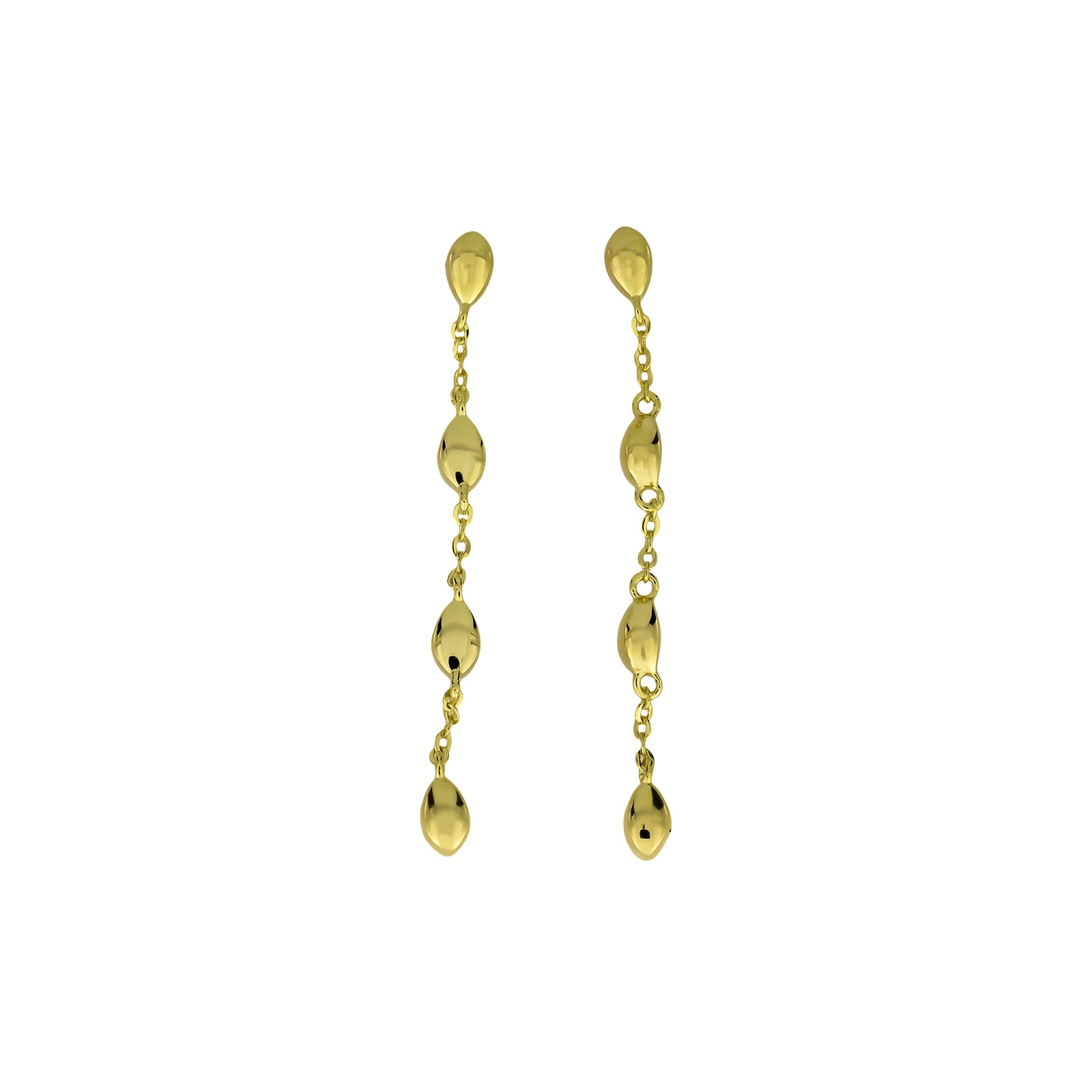 Pair of elongated gold vermeil drop earrings featuring a delicate chain of polished, sculptural raindrop-shaped elements, showcasing refined contemporary design.