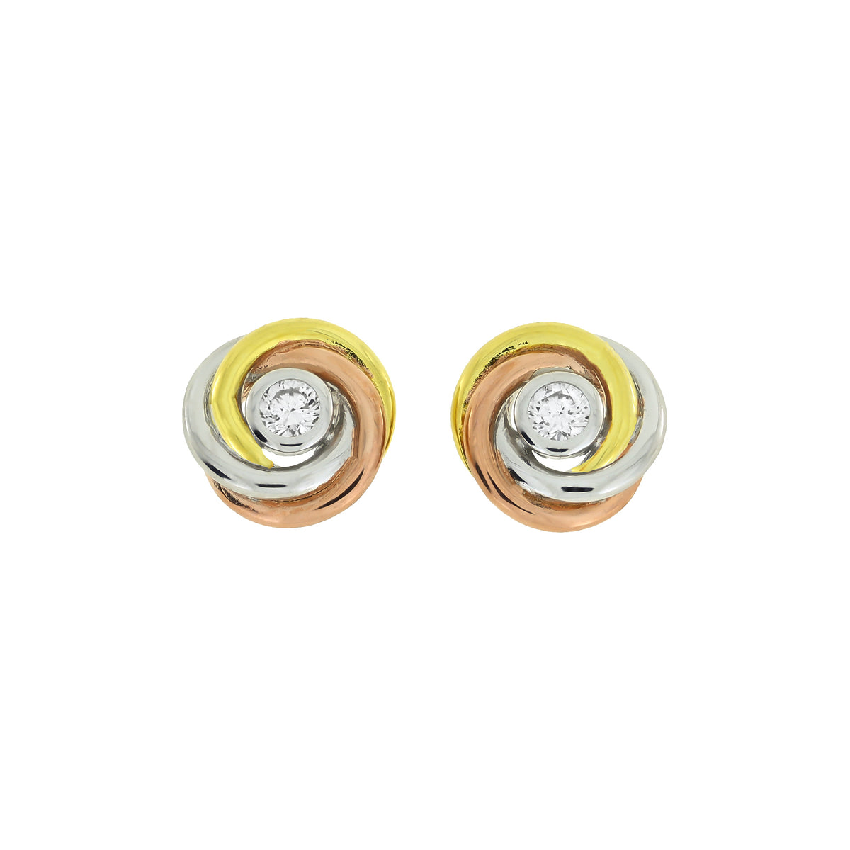 Pair of mixed vermeil stud earrings featuring intertwined loops in rose and yellow gold tones with a central sparkling lab-grown diamond, showcasing sculptural elegance in fine jewellery.