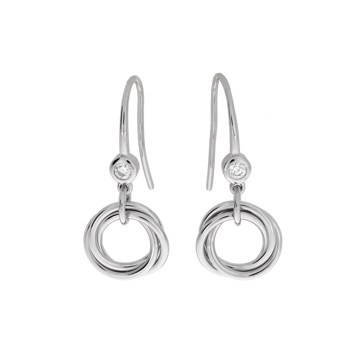 Sterling silver drop earrings featuring intertwined circular loops with a sparkling lab-grown diamond accent above the knot, showcasing elegant sculptural design.