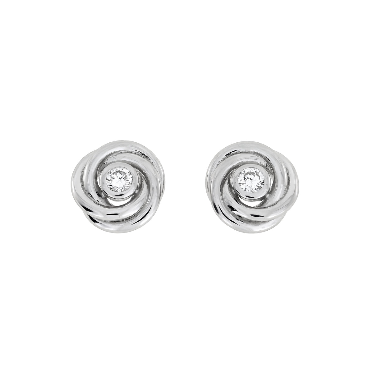 Entangled Silver & 0.13 Carat Lab Grown Diamond Love Knot Stud Earrings featuring a silver love knot design with a sparkling lab grown diamond center, elegant silver jewellery.