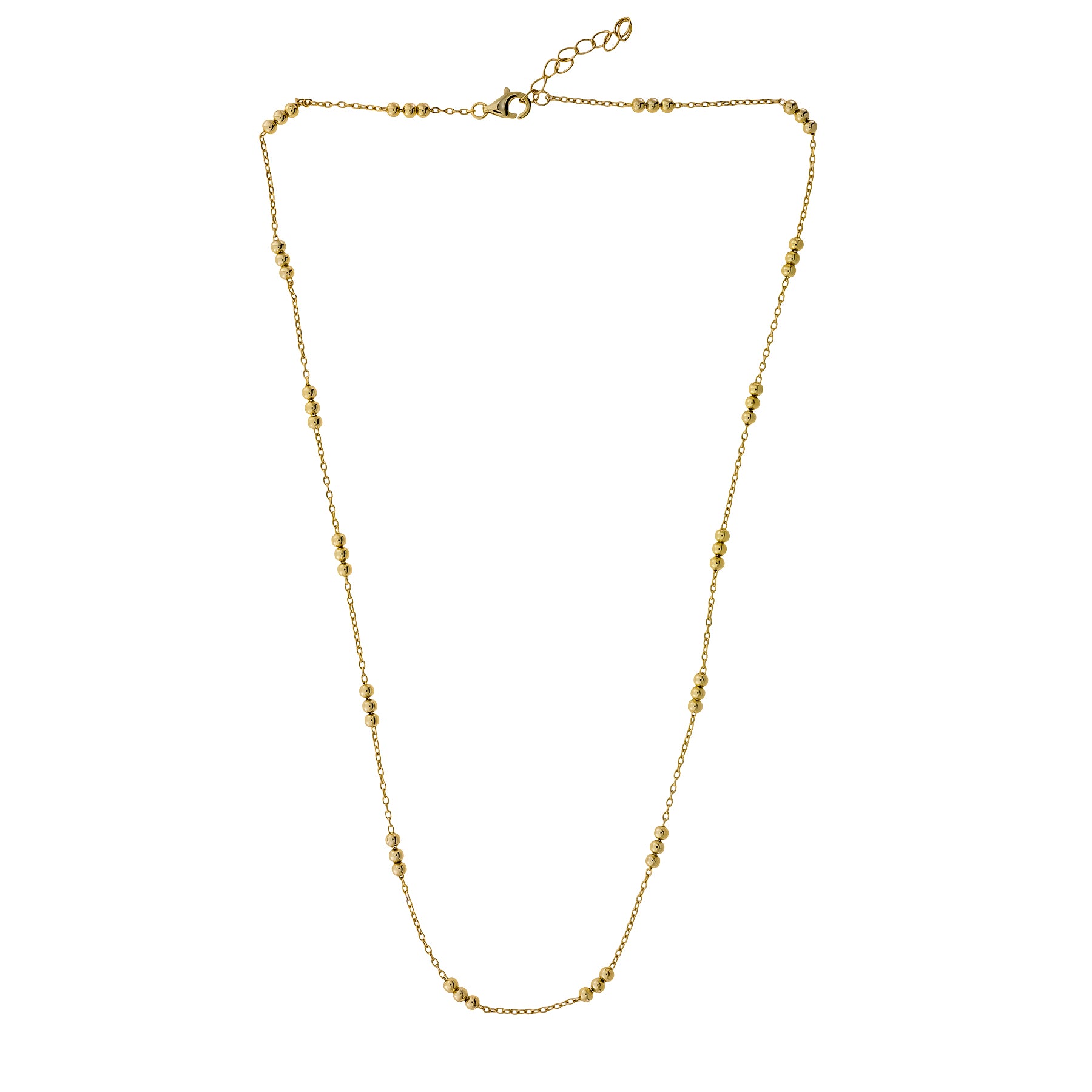 Triple Bead Chain Necklace - Gold Vermeil featuring a delicate gold vermeil chain with small triple bead accents spaced evenly, measuring 42cm with a 3cm extension for adjustable length.