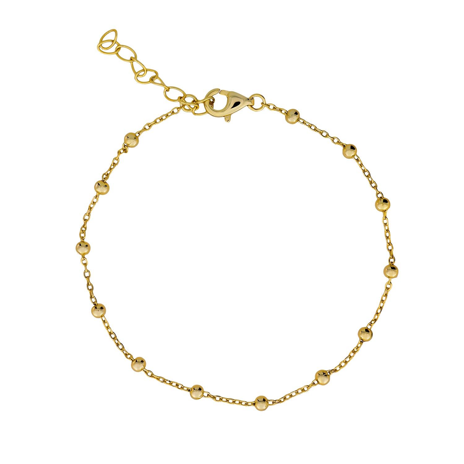 Delicate gold vermeil bracelet featuring a simple bead chain with small polished spheres and an adjustable extension clasp, embodying sleek, elegant design.