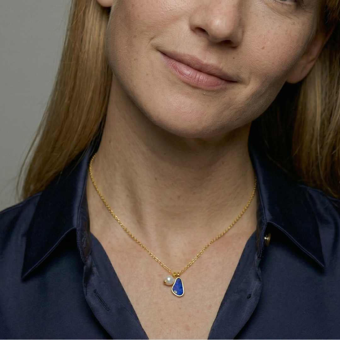 Gold Vermeil, Baroque Pearl & Blue Lapis Double Pendant