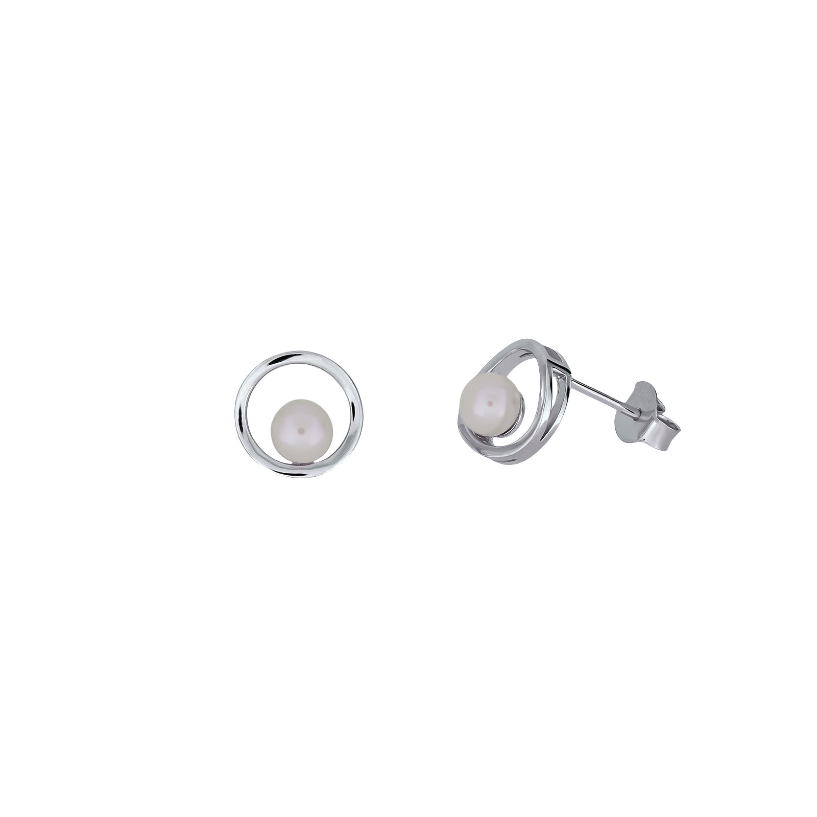 Sterling Silver Simple Circle Pearl Stud Earrings