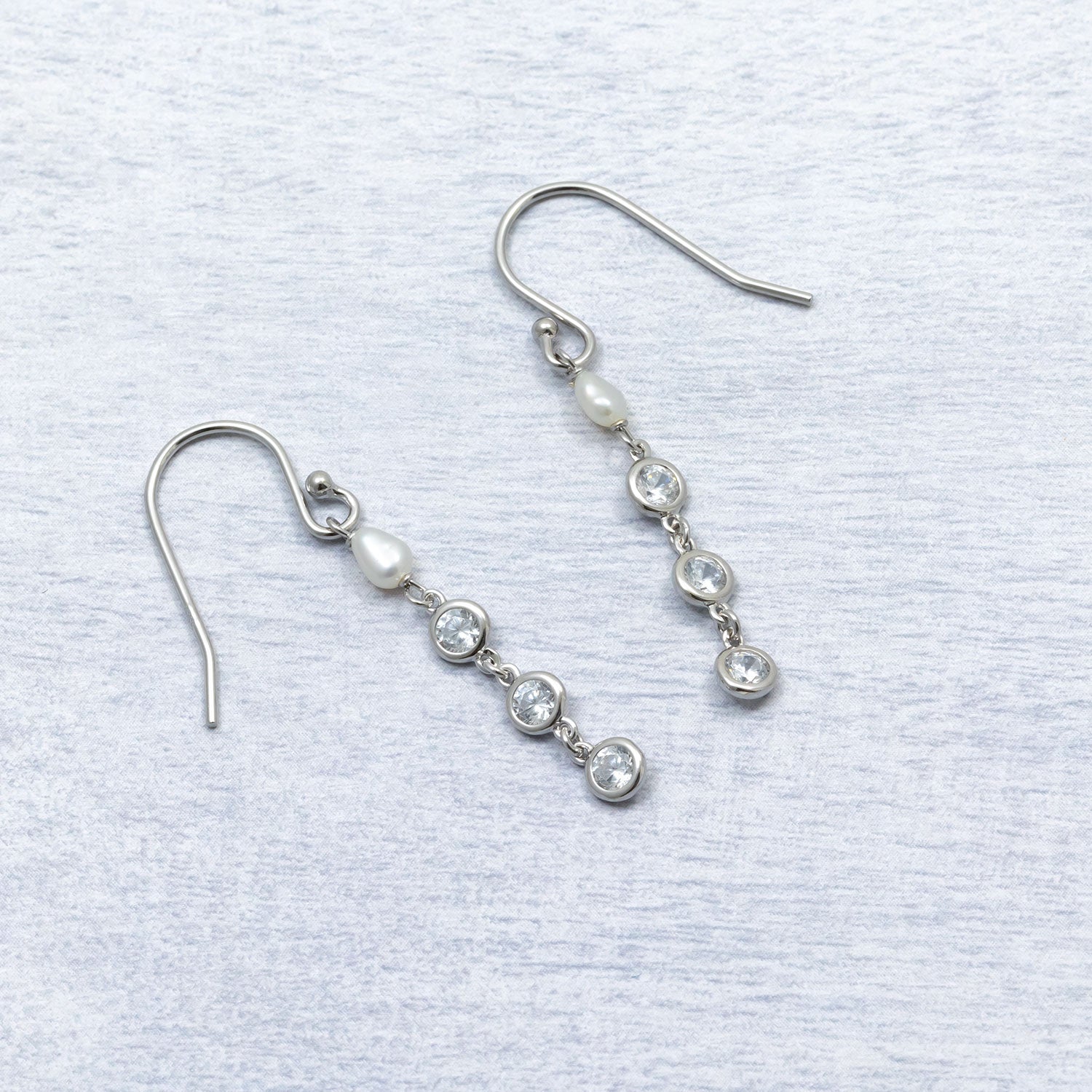 Silver Freshwater Pearl and Clear Cubic Zirconia Drop Earrings