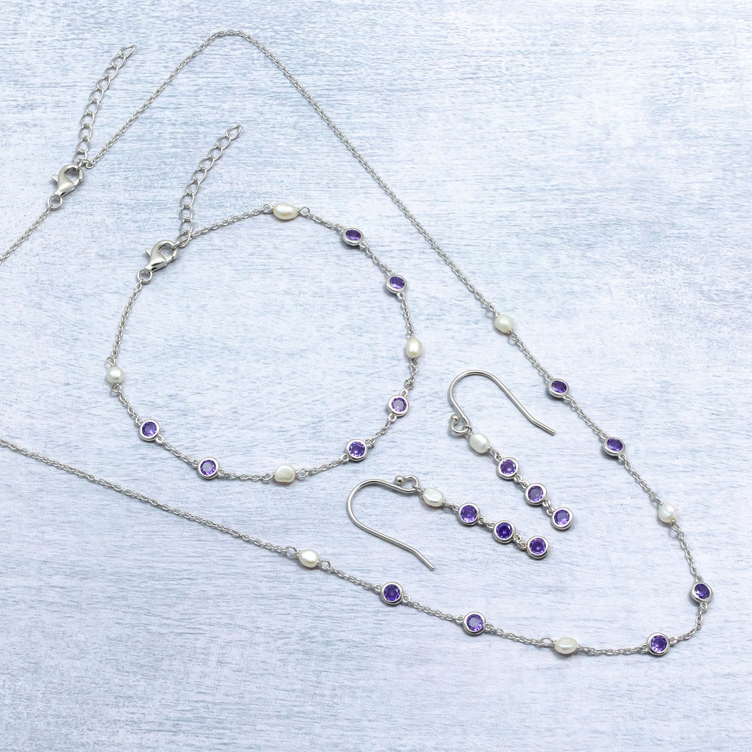 Silver Freshwater Pearl and Purple Cubic Zirconia Bracelet