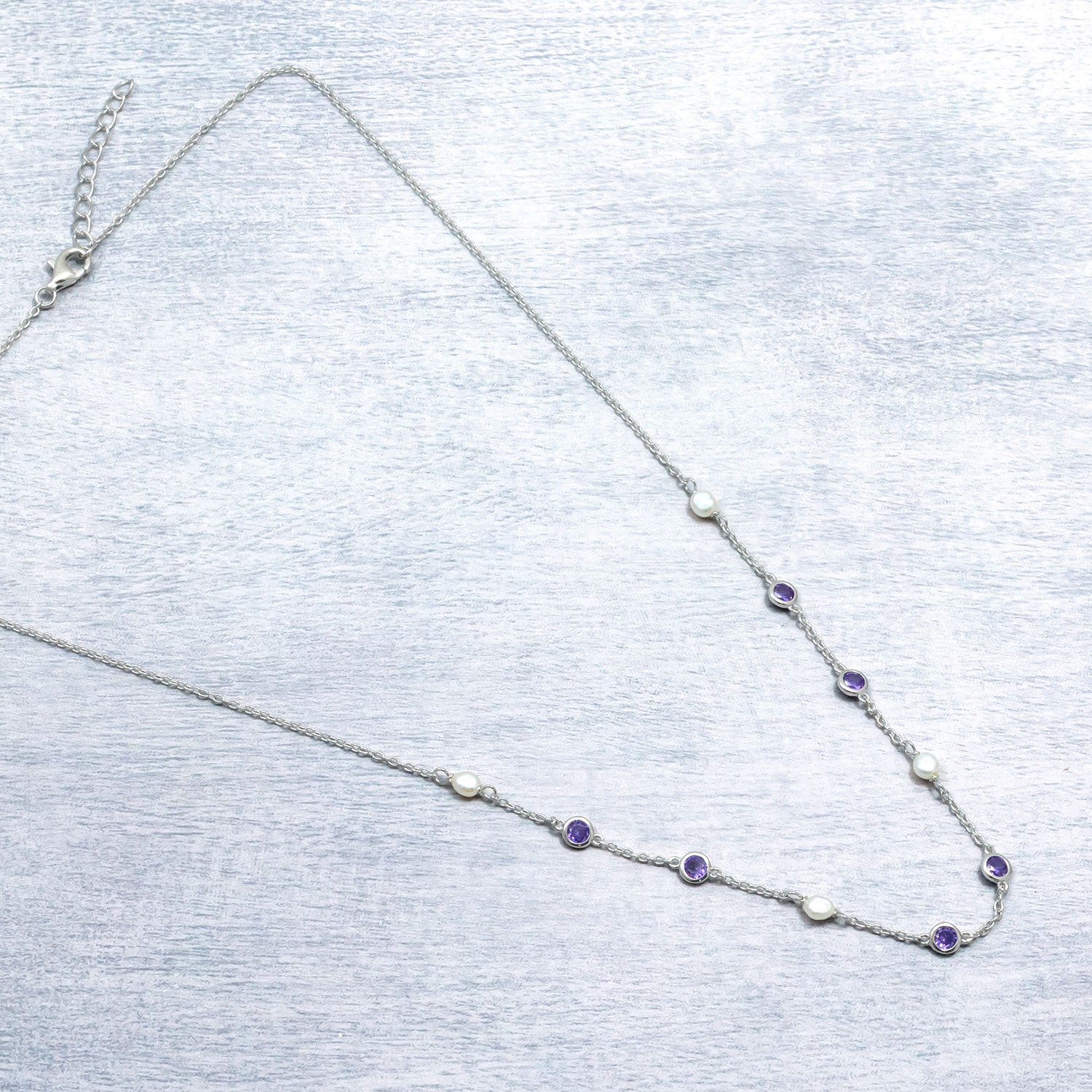 Silver Freshwater Pearl and Purple Cubic Zirconia Chain Necklace
