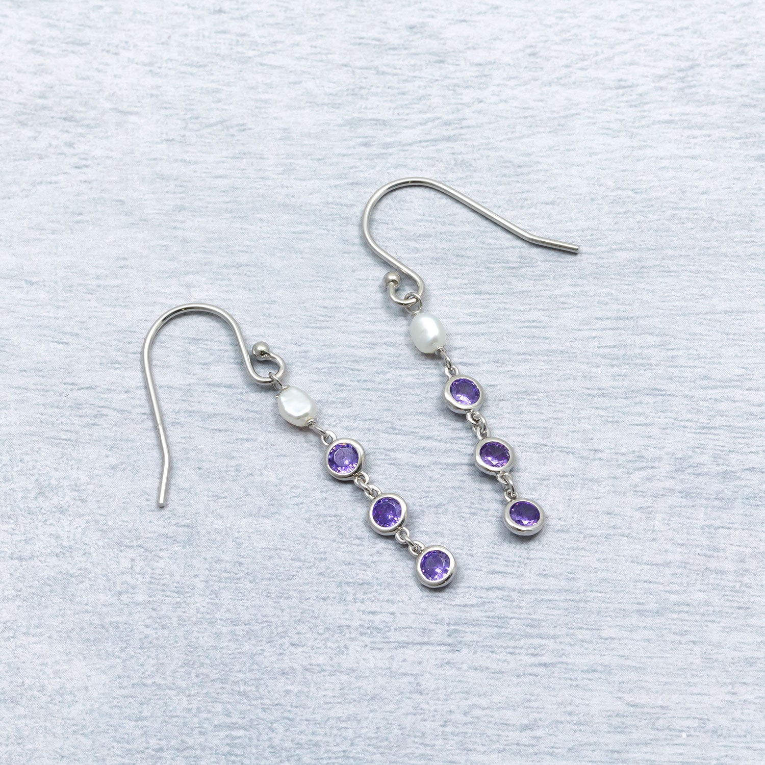 Silver Freshwater Pearl and Purple Cubic Zirconia Drop Earrings