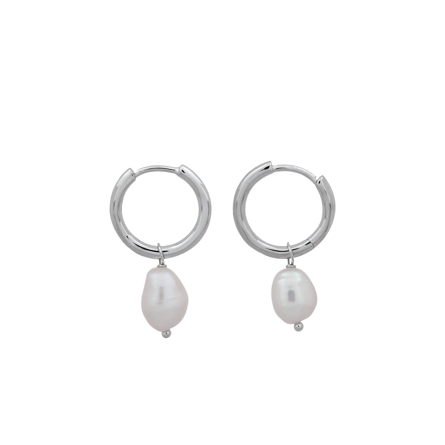 Pair of sterling silver hinged hoop earrings featuring dangling freshwater pearl charms with organic shapes, highlighting a contemporary yet timeless design.