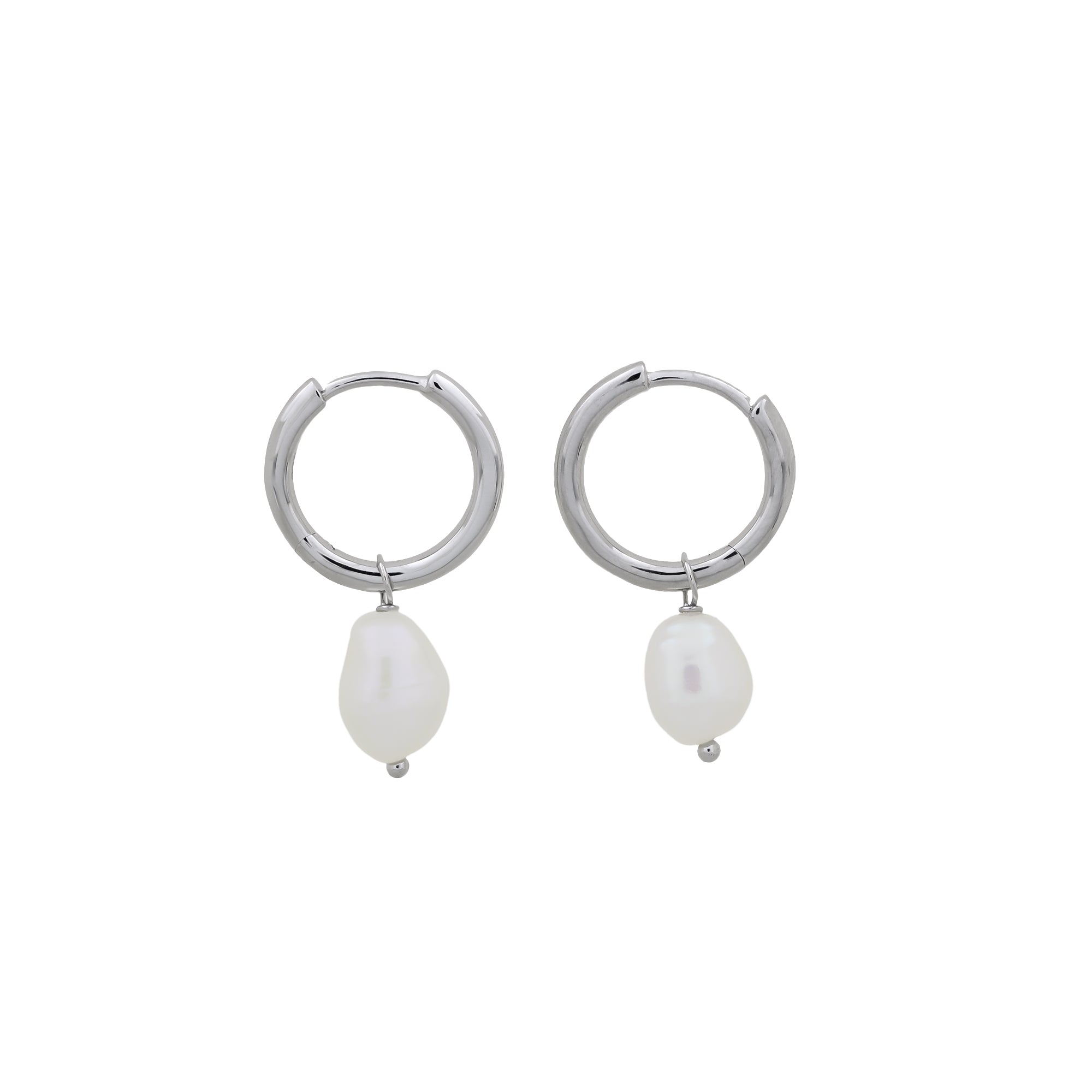 Pair of sterling silver hinged hoop earrings featuring dangling freshwater pearl charms with organic shapes, highlighting a contemporary yet timeless design.