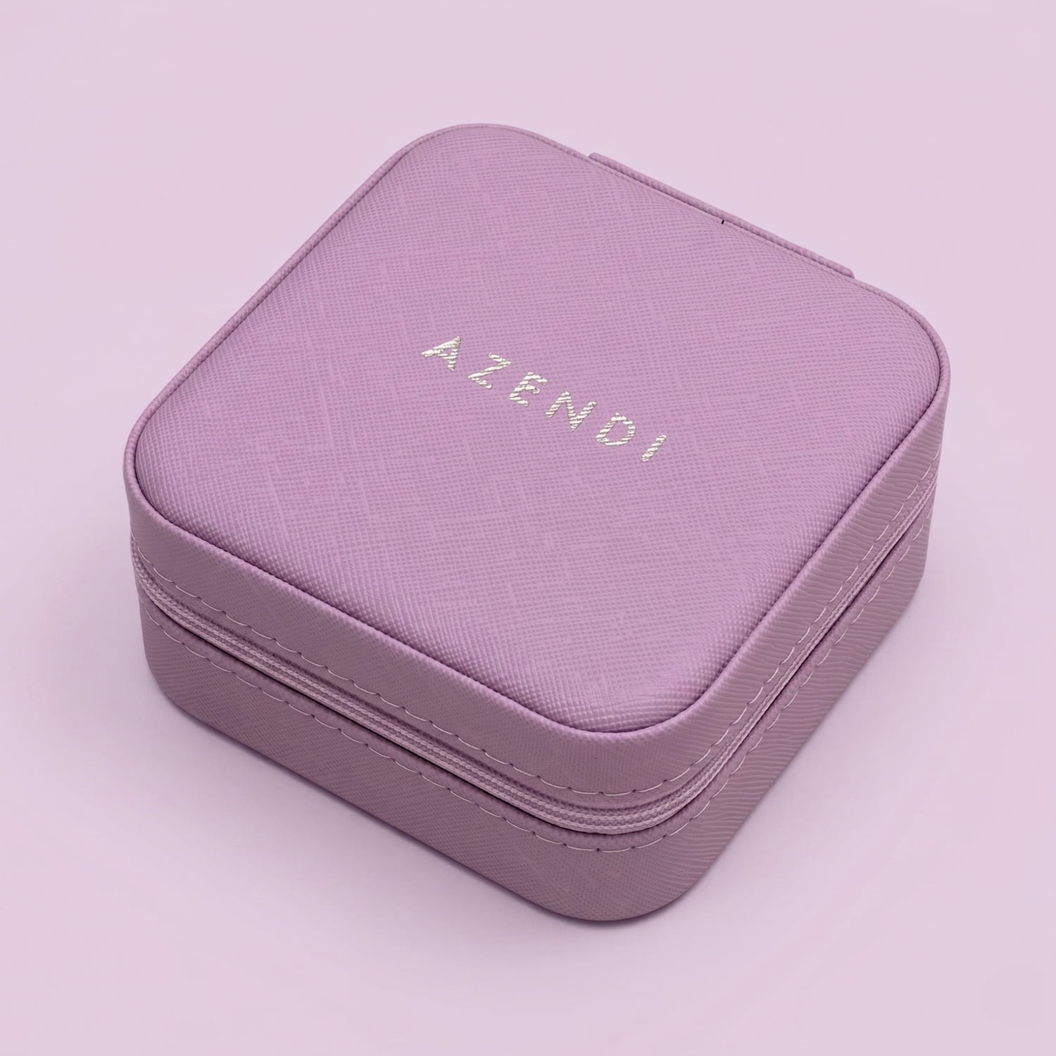 Faux leather jewellery box in lilac with silver 'Azendi' branding