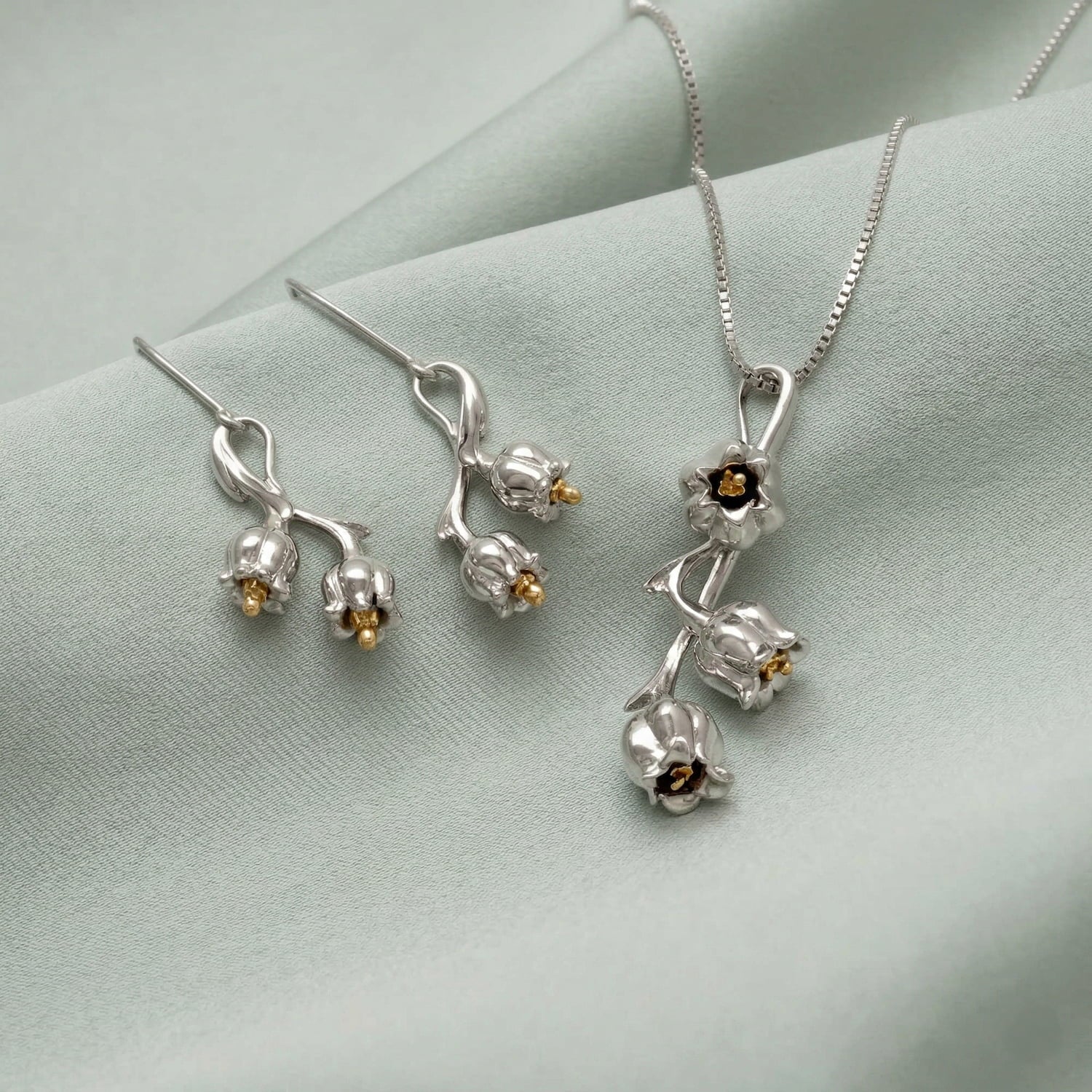 Silver and gold vermeil May Lily of the Valley jewellery set