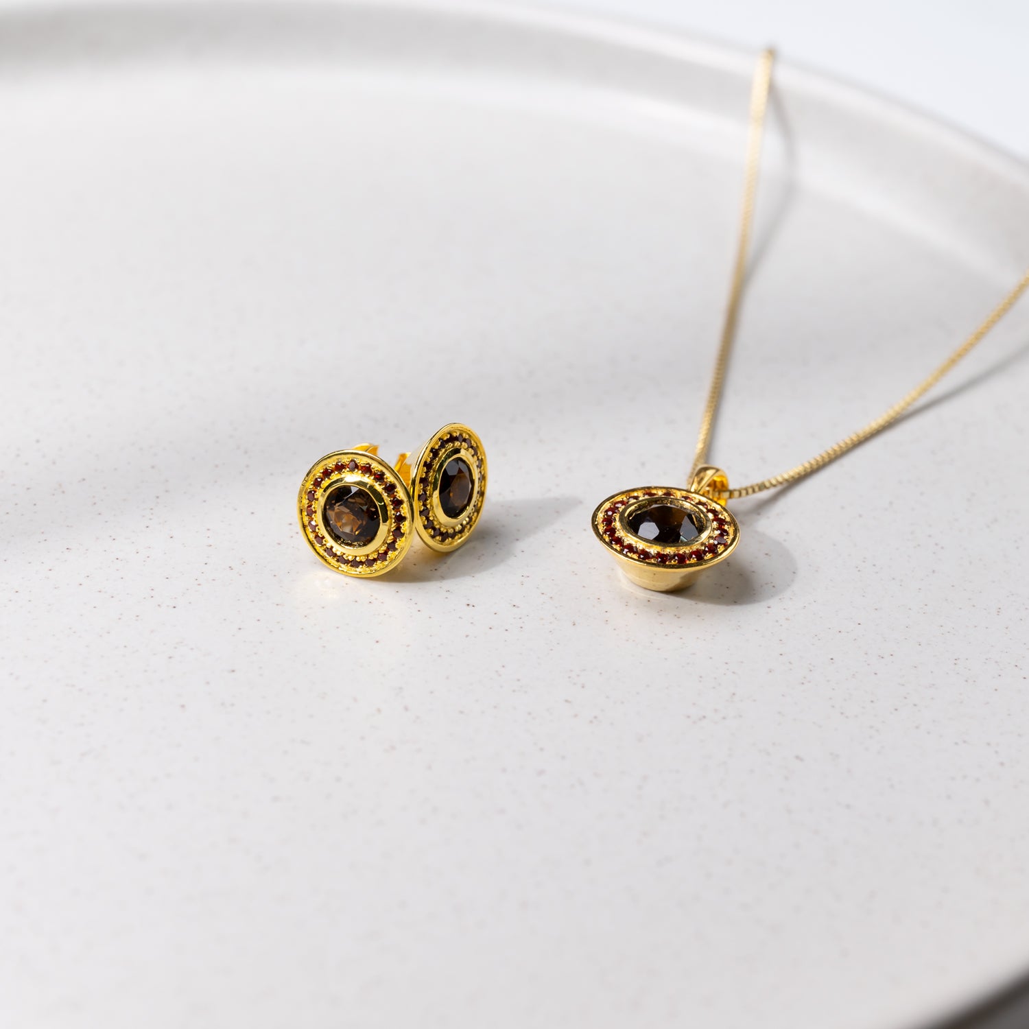 Smoky Quartz & Garnet Stud Earrings in Yellow Gold Vermeil