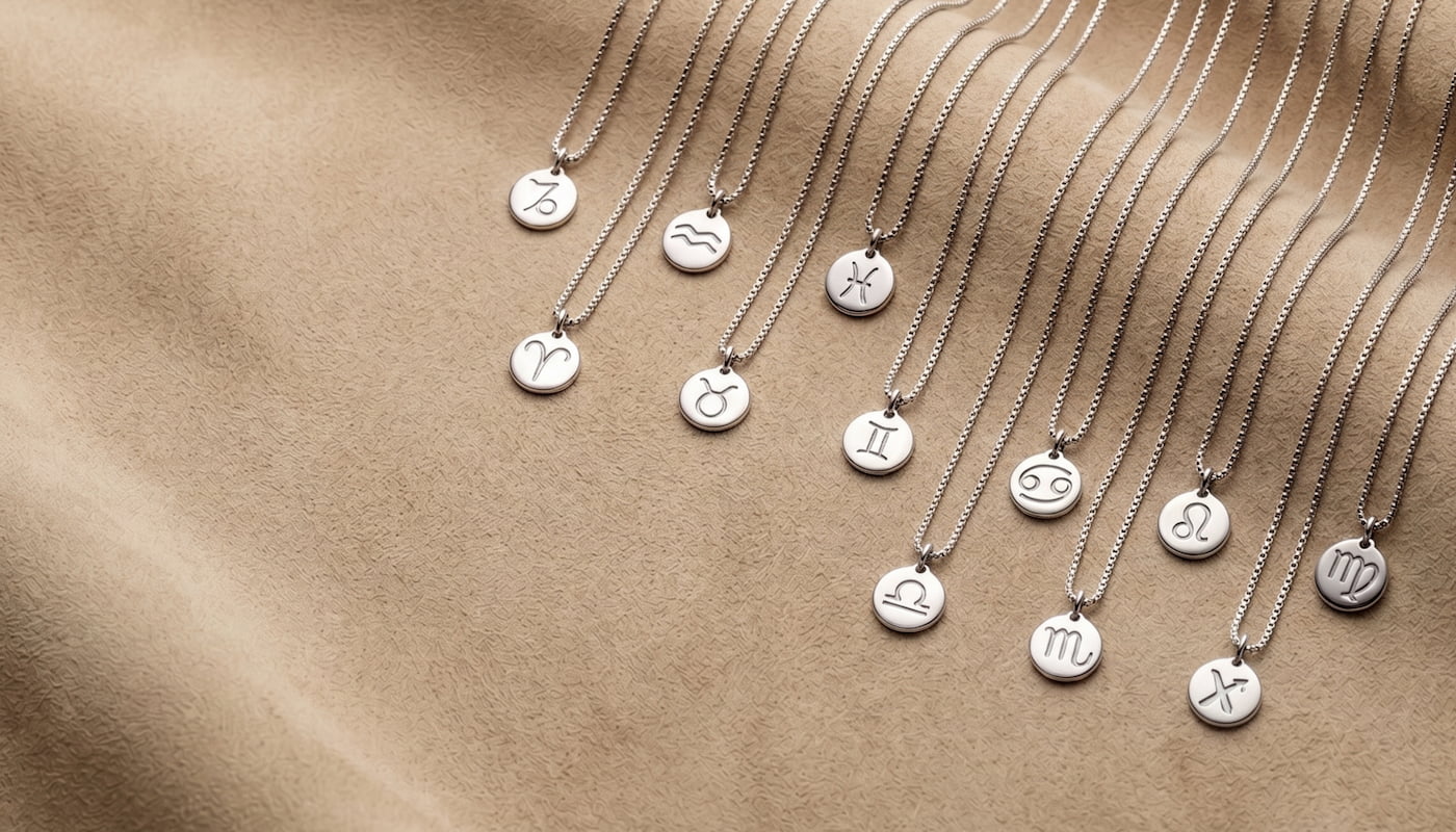 Line of sterling silver pendants, each engraved with a different zodiac symbol, hanging from delicate chains arranged neatly on a soft beige fabric surface.