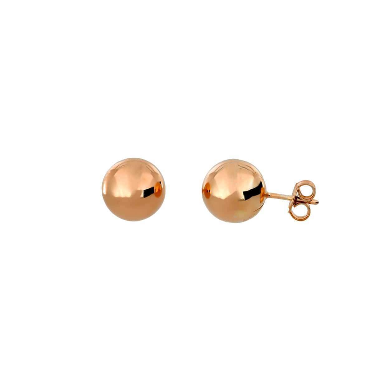 Pair of polished rose gold vermeil ball stud earrings in a sleek, minimalist design, exemplifying contemporary British sterling silver jewellery craftsmanship.