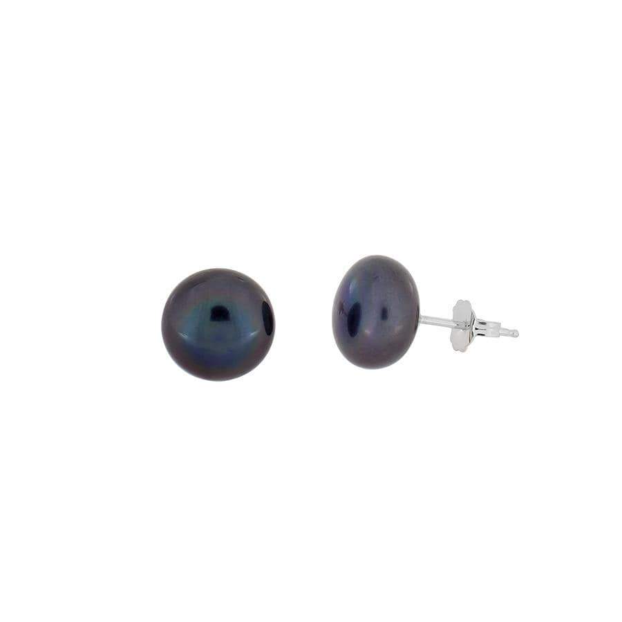 Pair of sterling silver stud earrings featuring round peacock pearls with a deep iridescent sheen, showcasing elegant and timeless silver jewellery design by Azendi.