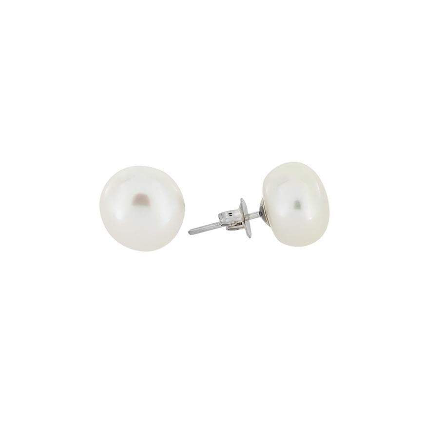 Pair of white pearl stud earrings set in sterling silver posts, featuring a classic and polished design that embodies elegant and timeless silver jewellery.