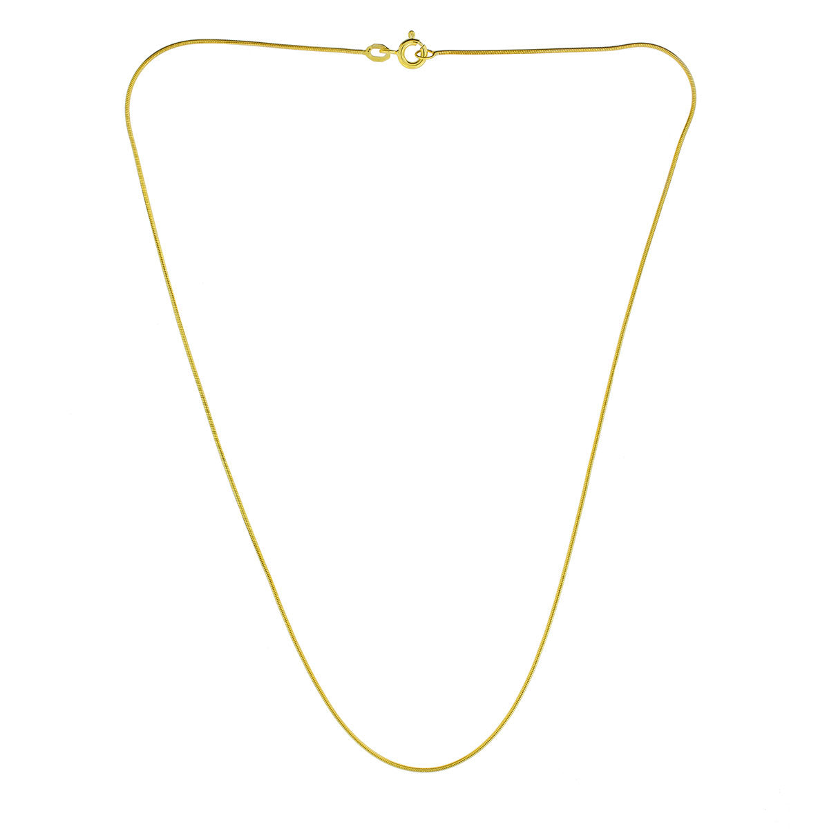 Delicate 18-inch 9 carat gold snake chain necklace featuring a smooth, flexible design and secure spring clasp, ideal for layering or wearing alone.