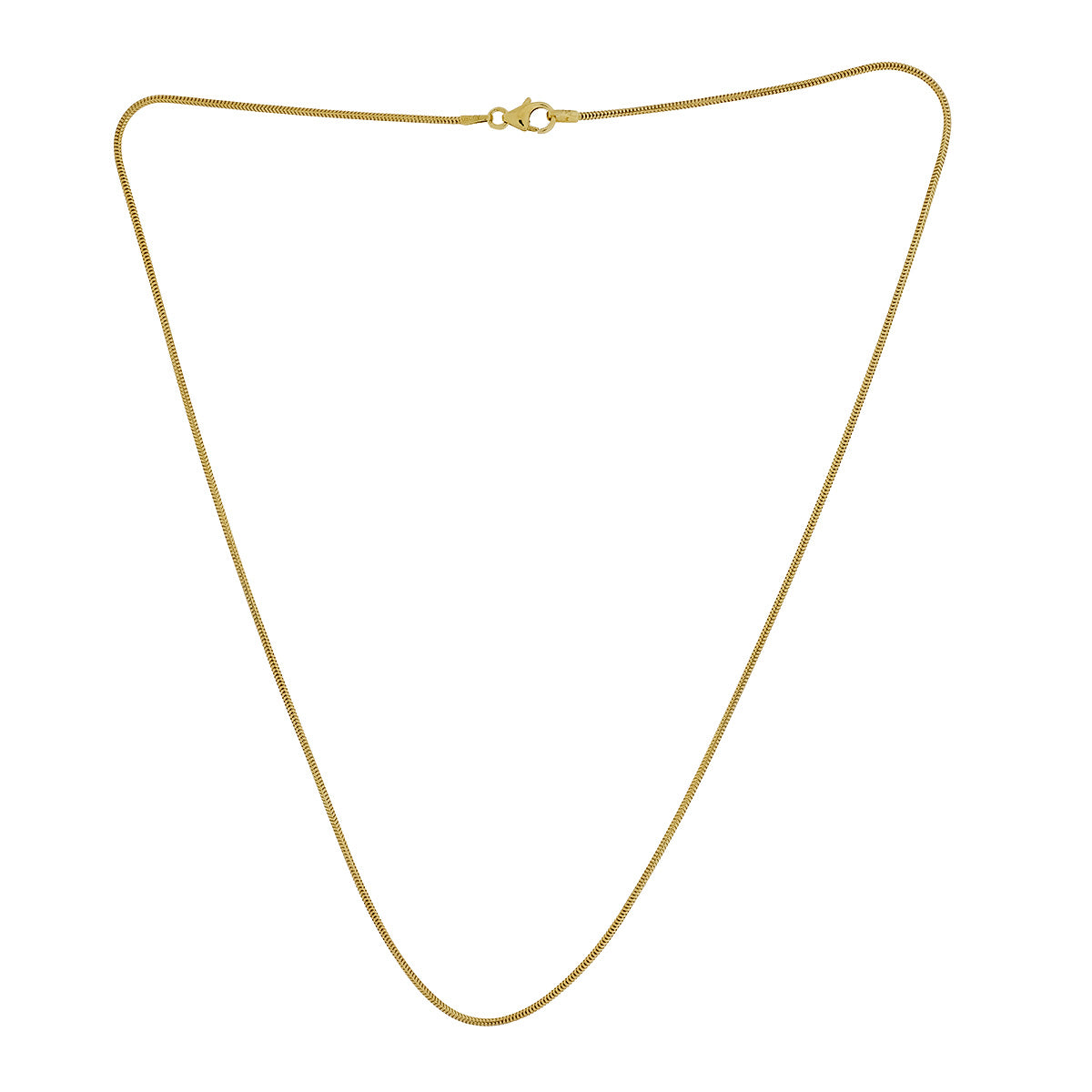 Delicate 18 carat gold snake chain necklace with a smooth, flexible design and secure lobster clasp, showcasing a refined and timeless jewelry style.