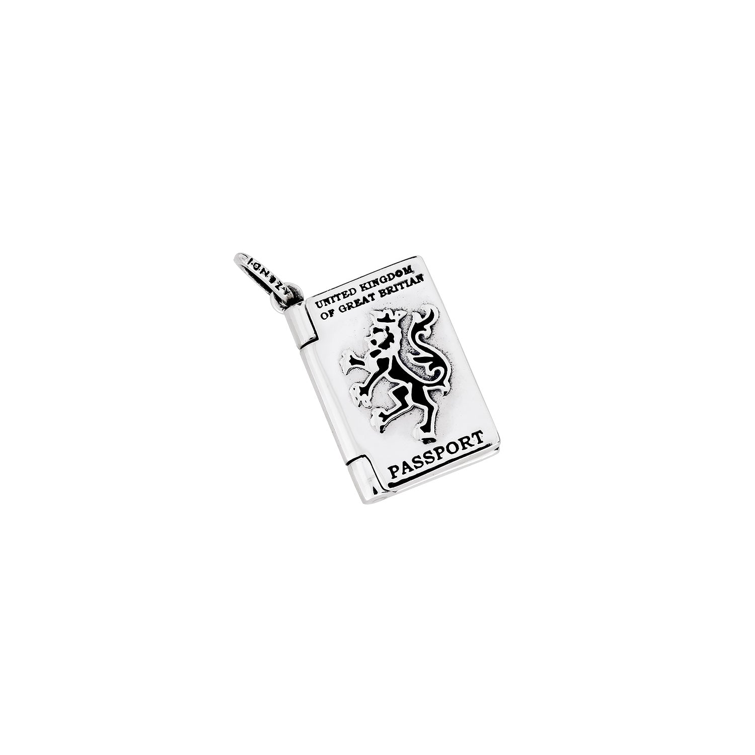 Sterling silver charm shaped like a passport featuring a detailed lion emblem and engraved text, designed as a sculptural and contemporary addition to silver jewellery collections.
