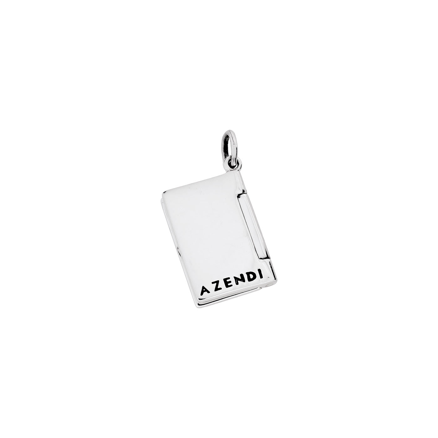 Sterling silver passport-shaped charm with a polished finish and subtle brand engraving, designed as a sculptural piece of silver jewellery by Azendi.
