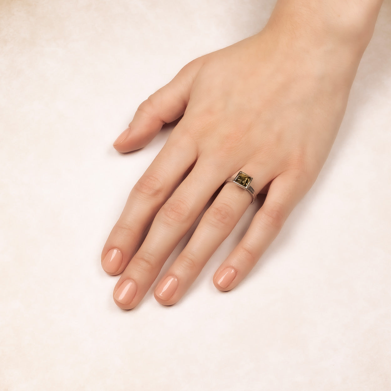 Silver Square Amber Ring