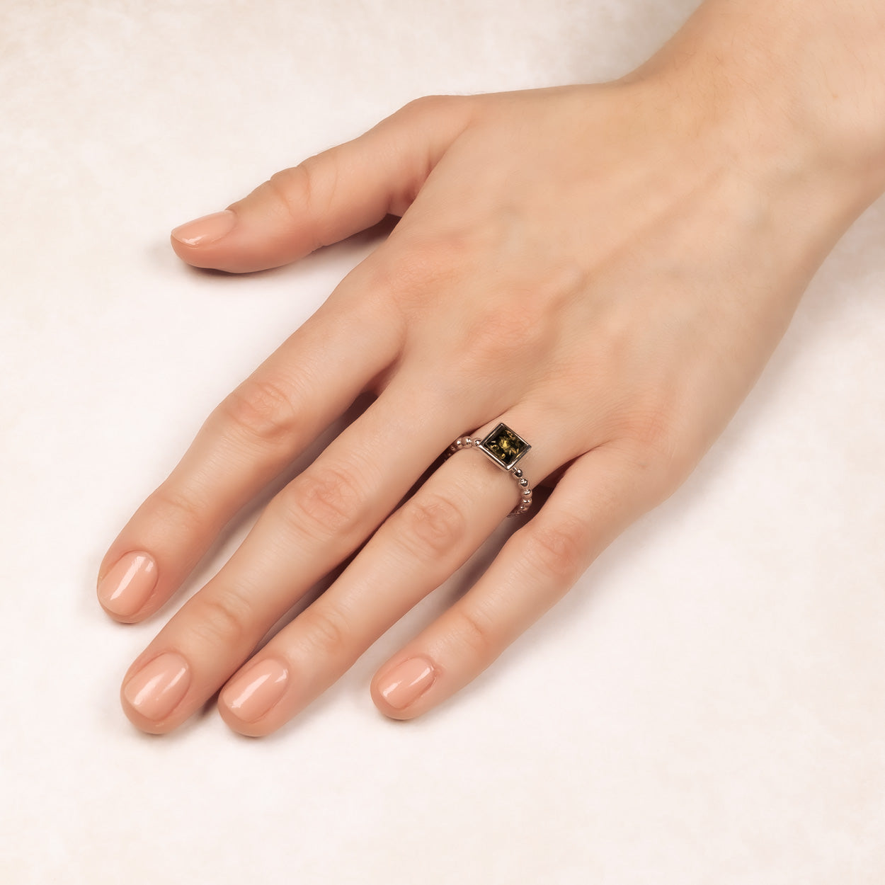 Square Amber & Silver Beaded Ring