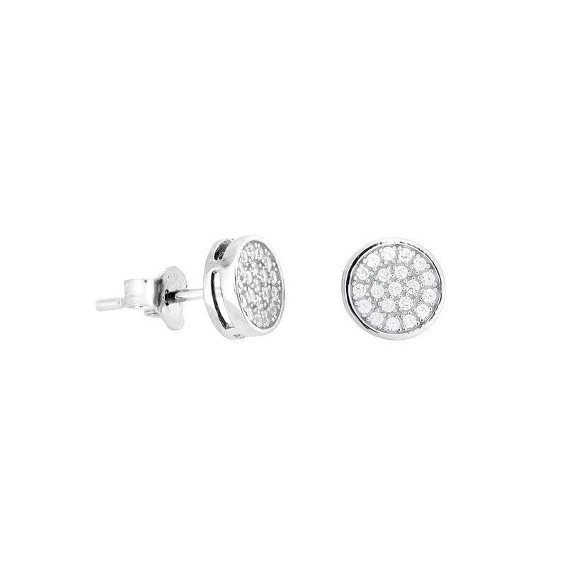 A pair of round stud earrings made of cubic zirconia set in a disc, available in silver, rose gold vermeil, and yellow gold vermeil colors.