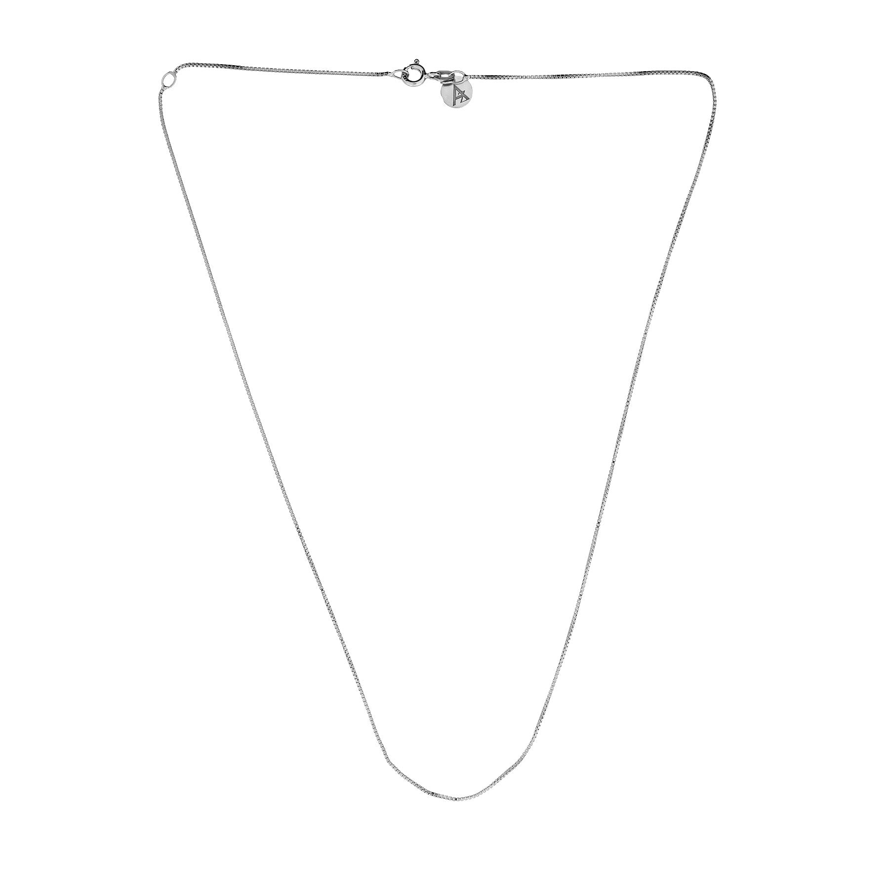 Delicate sterling silver box chain with an adjustable clasp, showcasing a sleek and minimalistic design perfect for layering or wearing alone.