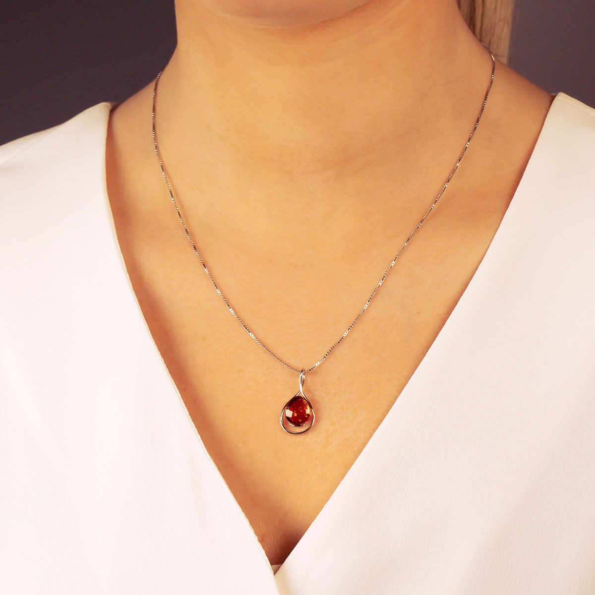 Silver & Amber Teardrop Twist Pendant