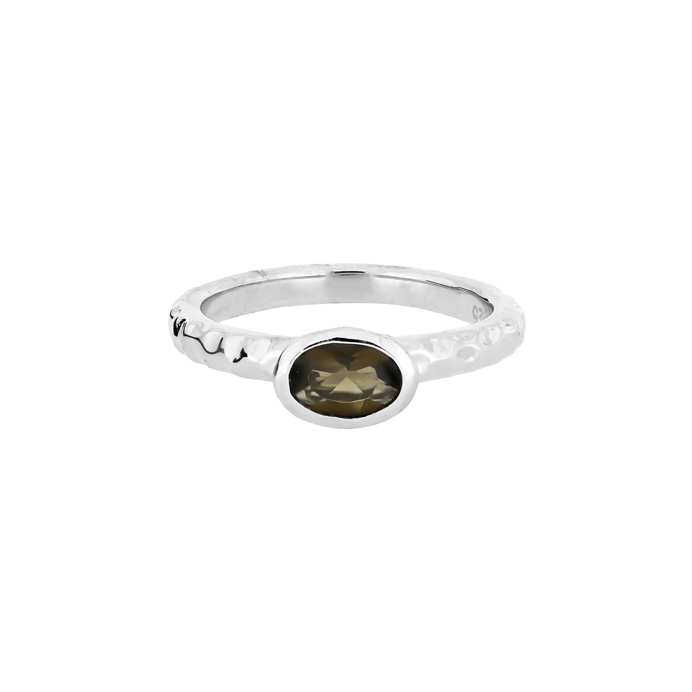 A sterling silver ring with a faceted smoky quartz gemstone set in the center, featuring a textured hammered effect on the band.