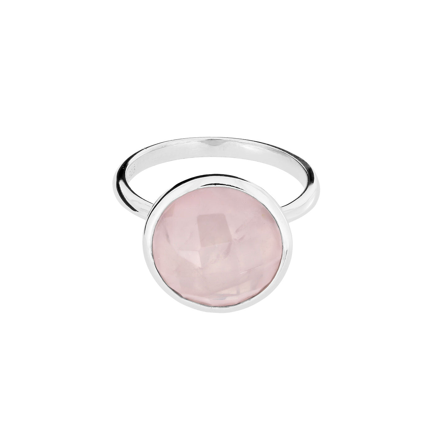 Sterling silver ring featuring a large faceted rose quartz stone set in a smooth bezel, highlighting a modern and sculptural design in fine silver jewellery.