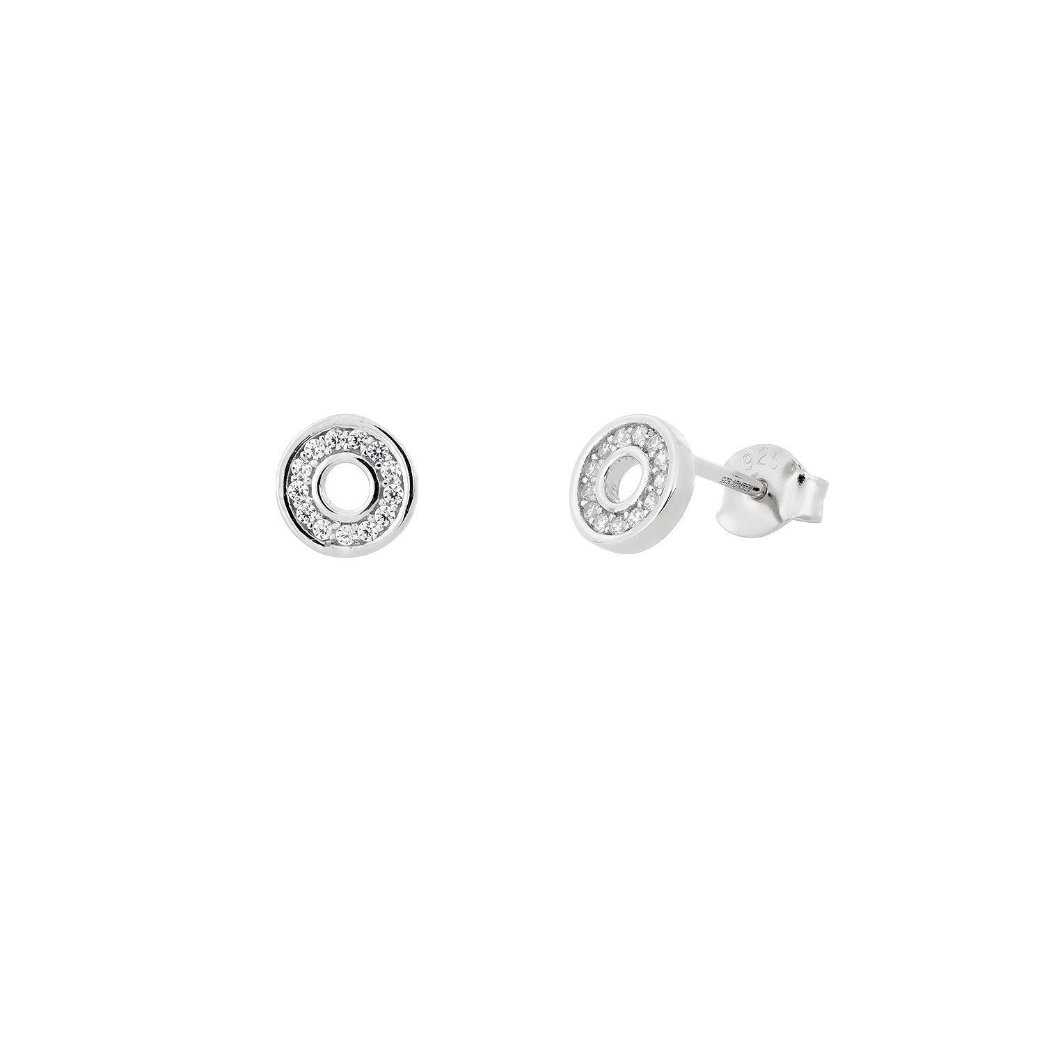 Pair of sterling silver open circle studs featuring pavé-set stones encircling a hollow center, showcasing a refined and sculptural design by Azendi.
