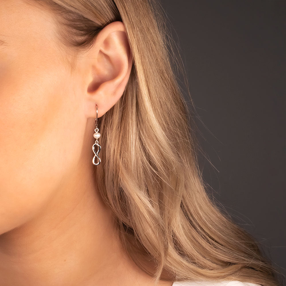 Silver & Pearl Infinity Drop Earrings