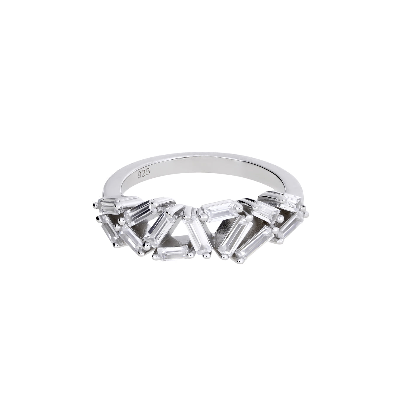 Sterling silver ring featuring a sculptural cluster of baguette-cut stones set in a contemporary design, showcasing refined elegance in silver jewellery.
