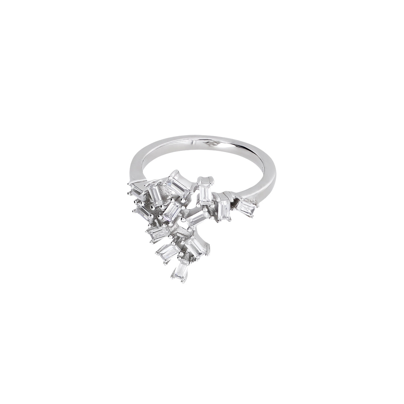 Sterling silver cocktail ring featuring an asymmetrical cluster of baguette-cut stones set on a sleek and polished band, showcasing a contemporary sculptural design.