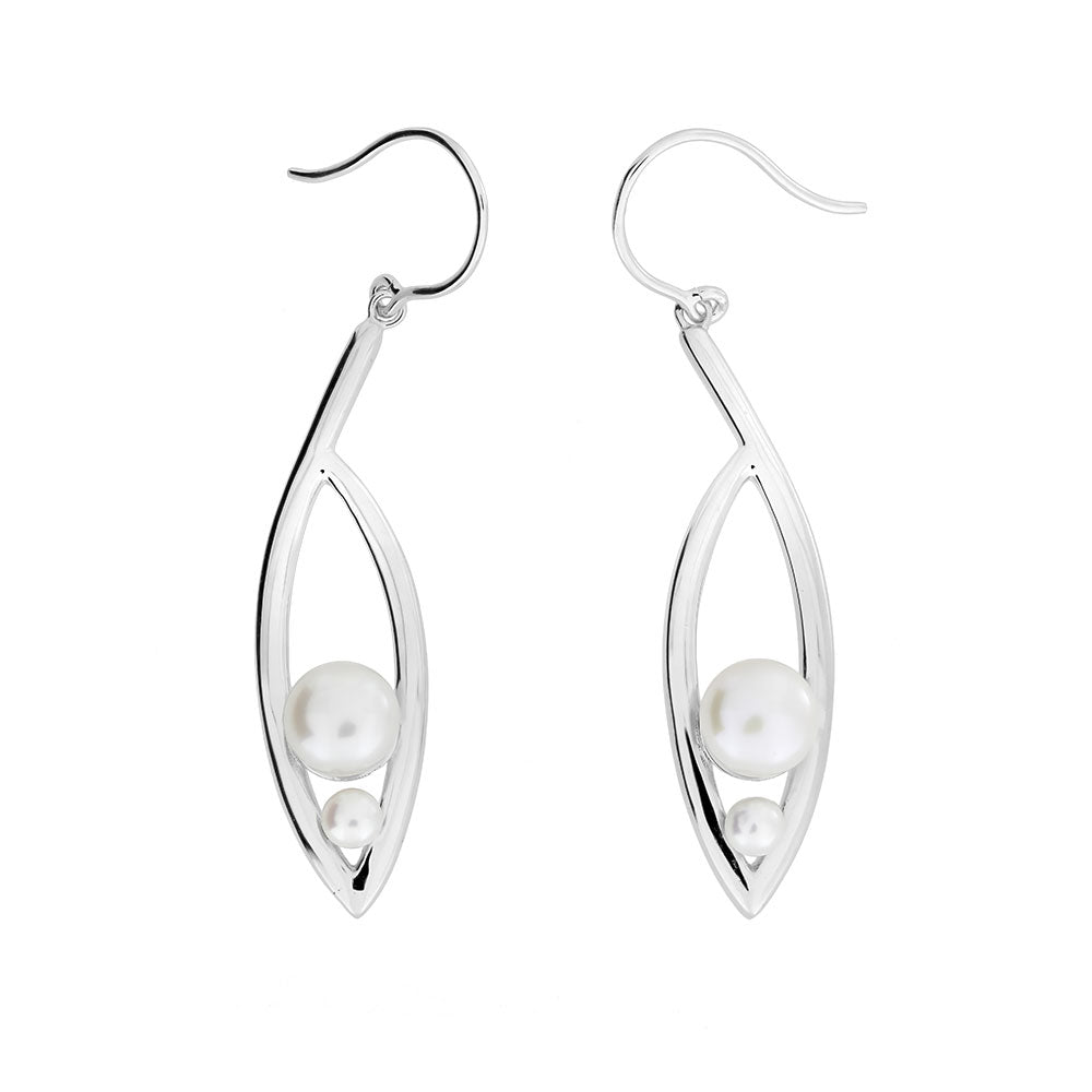 Silver &amp; Double Pearl Leaf Drop Earrings