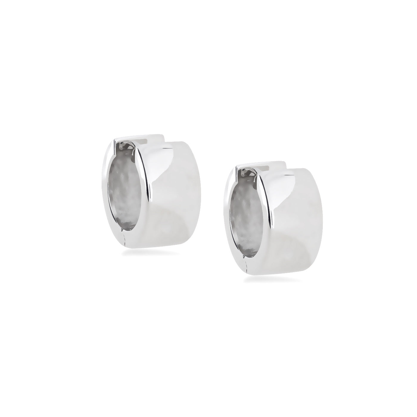 Pair of medium wide sterling silver hinge hoop earrings with a smooth, polished surface and a chunky, contemporary silhouette in designer British silver jewellery.