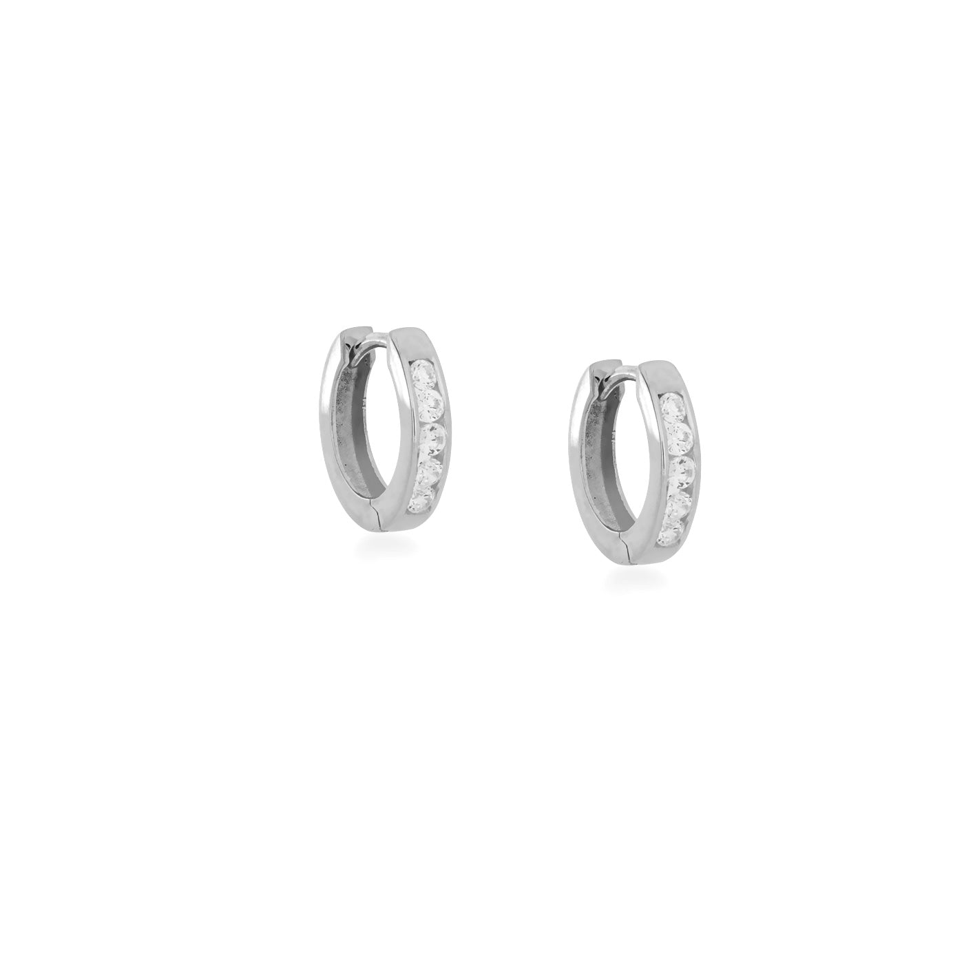 Pair of sterling silver small hoop earrings featuring a hinge closure and a row of sparkling stones, exemplifying refined and contemporary silver jewellery design.