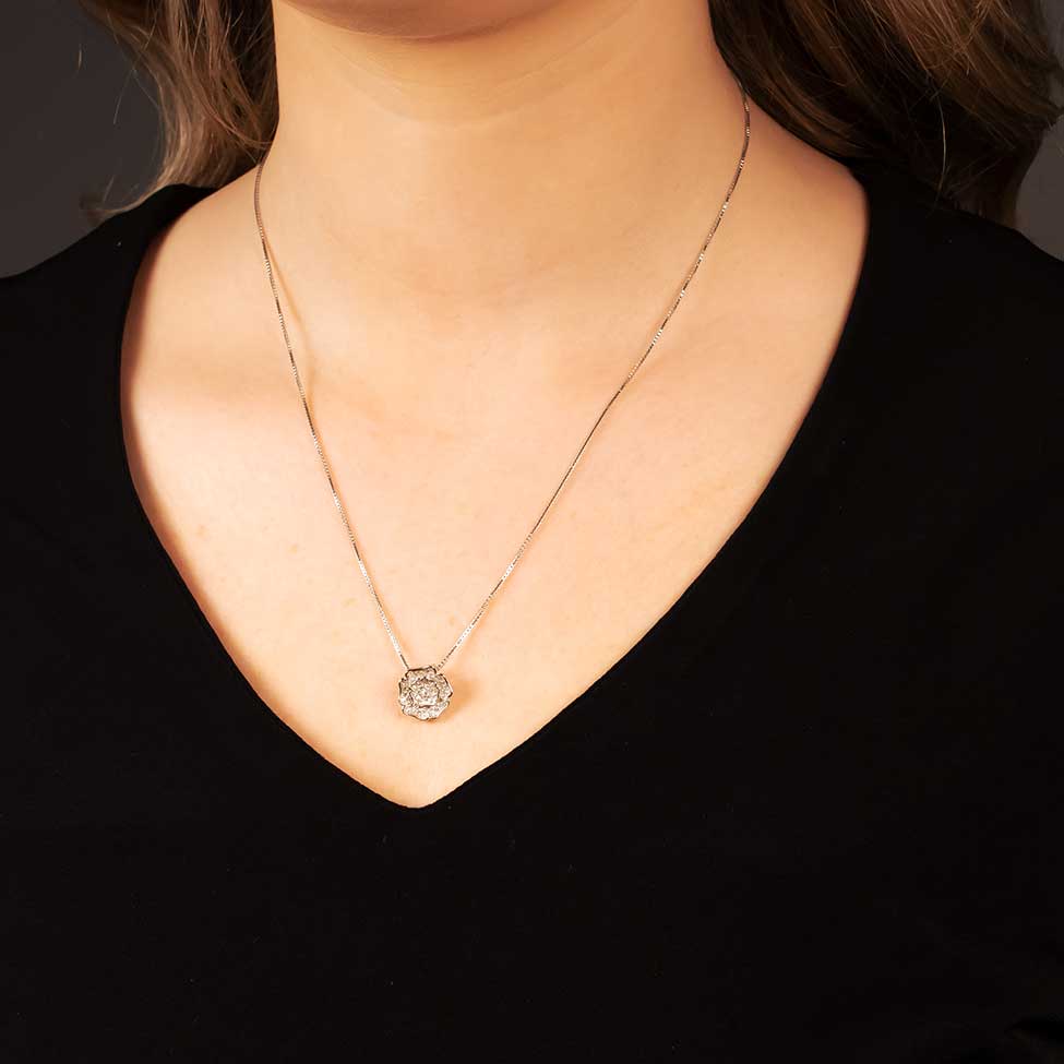 Sterling Silver Yorkshire Rose Necklace - Pavé
