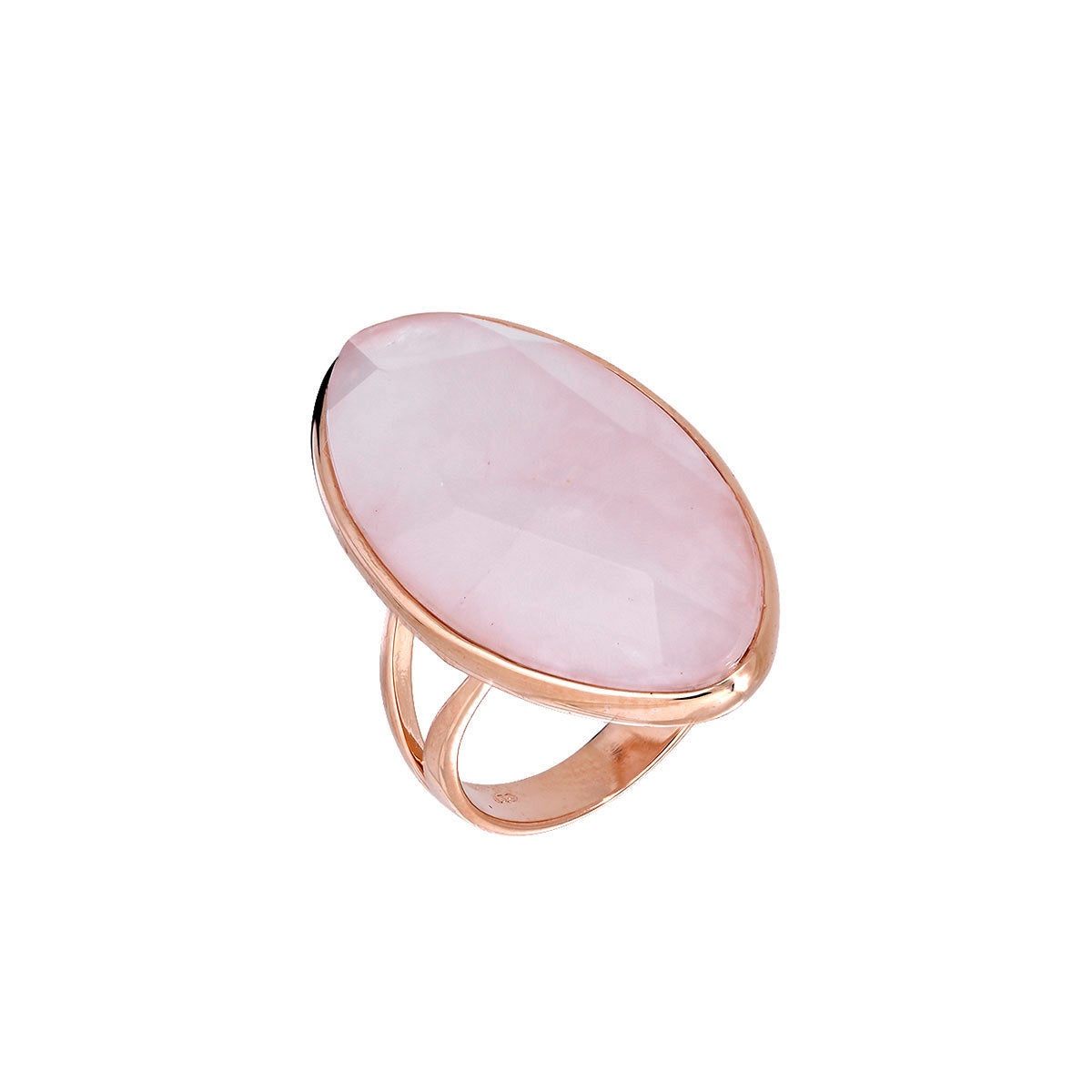 Rose gold vermeil ring featuring a large faceted rose quartz stone set on a polished, sculptural band, exemplifying contemporary sterling silver jewellery design by Azendi.