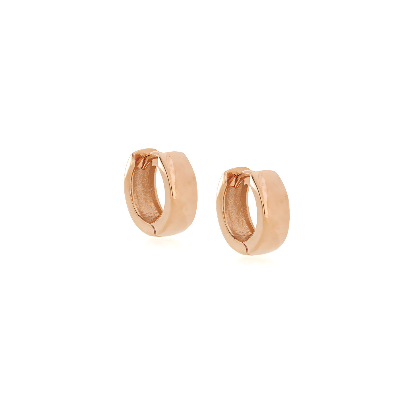 Pair of small wide hinged hoop earrings in polished rose gold vermeil, showcasing a sleek, modern silhouette in fine designer jewellery by Azendi.