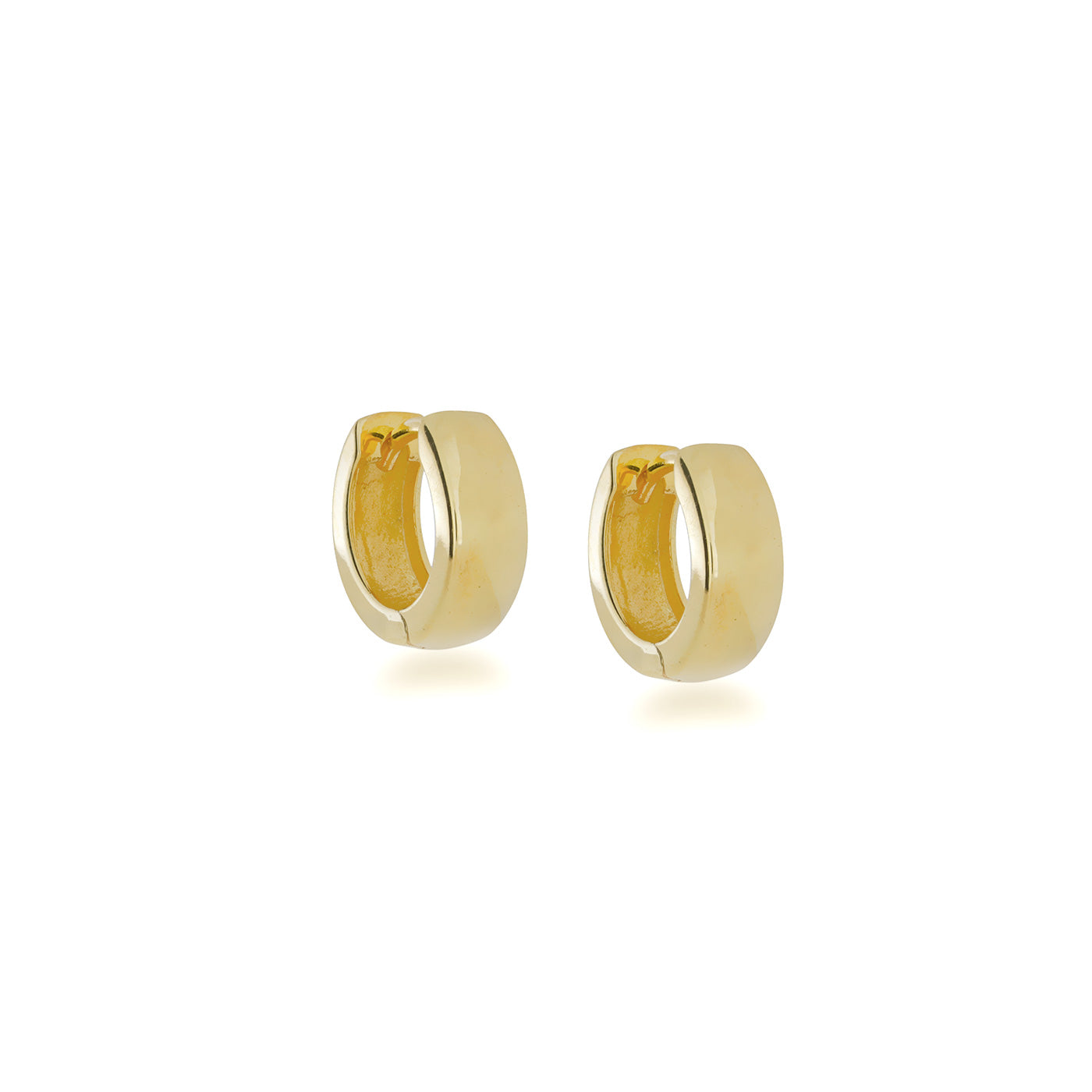 Small wide hoop earrings crafted in polished gold vermeil, featuring a chunky, smooth finish for a sleek and contemporary look in fine jewellery design.