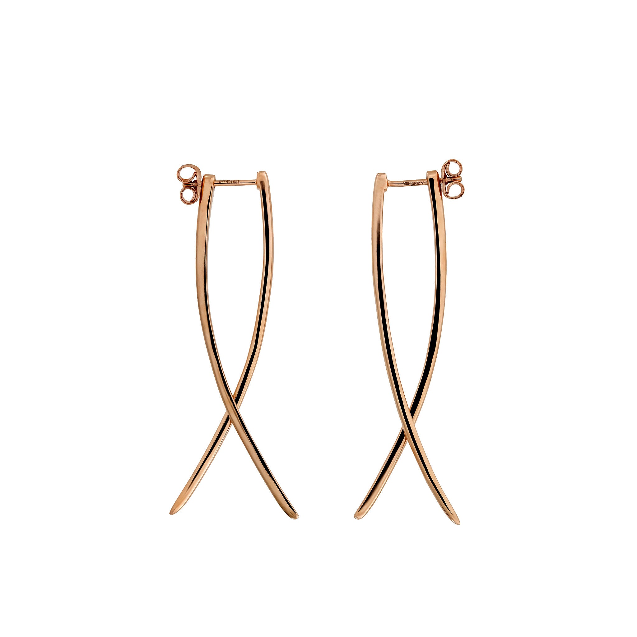 Pair of elongated rose gold vermeil earrings featuring a balanced double curl design with smooth, slender lines, embodying minimalist elegance in contemporary jewellery.